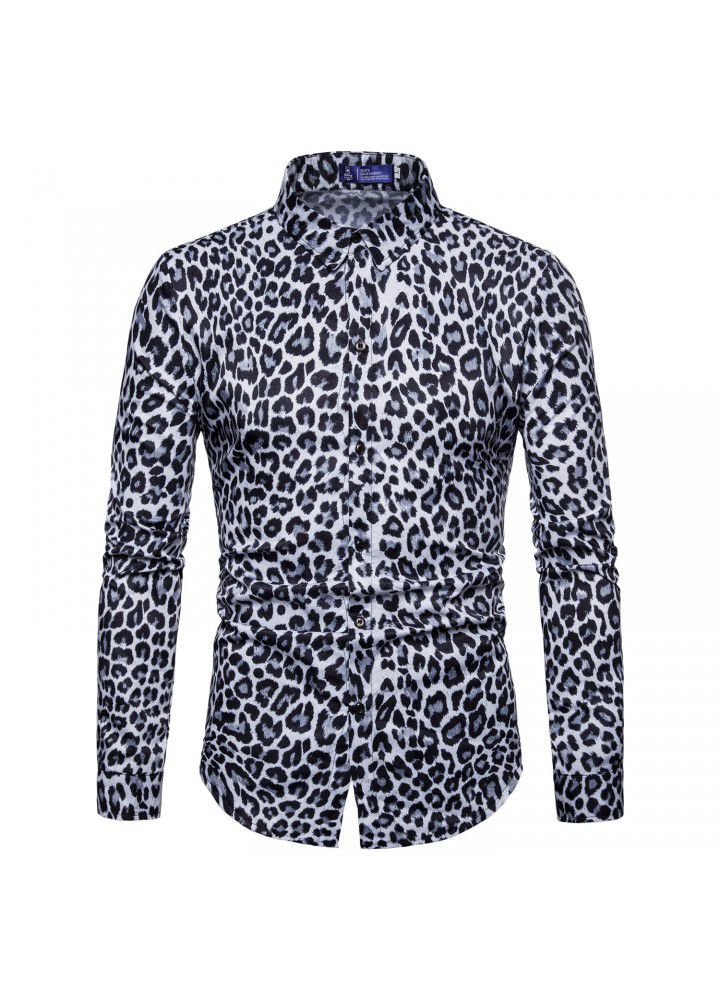 Foreign trade men's shirt 2018 new express nightclub leopard print casual digital print slim long sleeve shirt men's shirt
