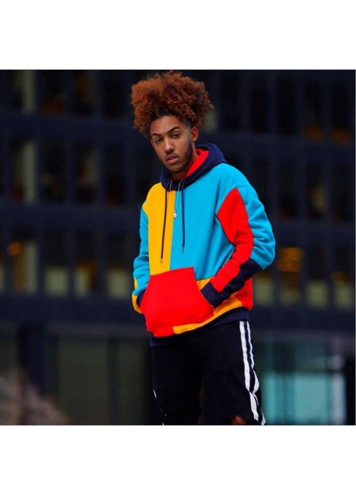 Europe and the United States cross border autumn and winter new multi color patchwork loose hooded sweater men's street trend hip hop jacket wholesale
