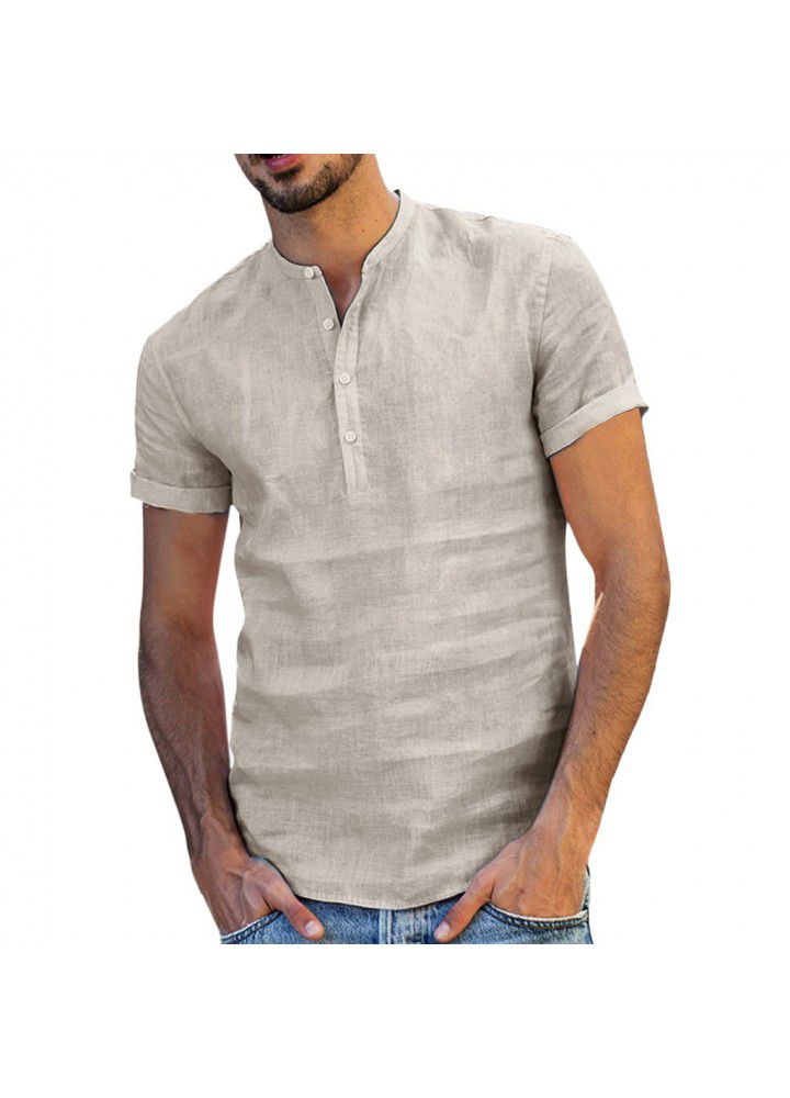 2020 new cross border men's stand collar cotton linen short sleeve shirt Amazon wish popular shirt