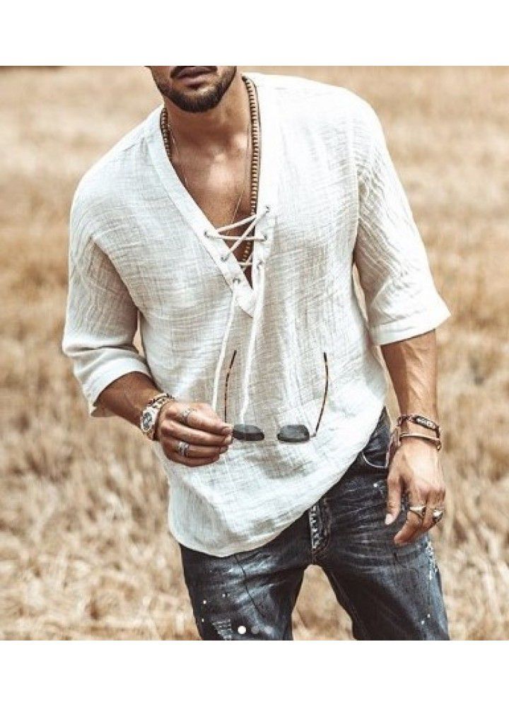 Spot 2021 new men's casual cotton and hemp shirt V-neck mid sleeve top