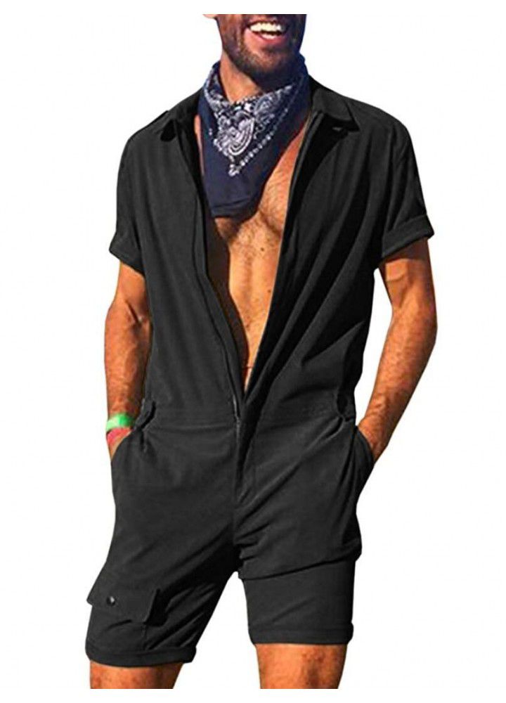 Summer foreign trade cross border men's Jumpsuit zipper access woven tooling