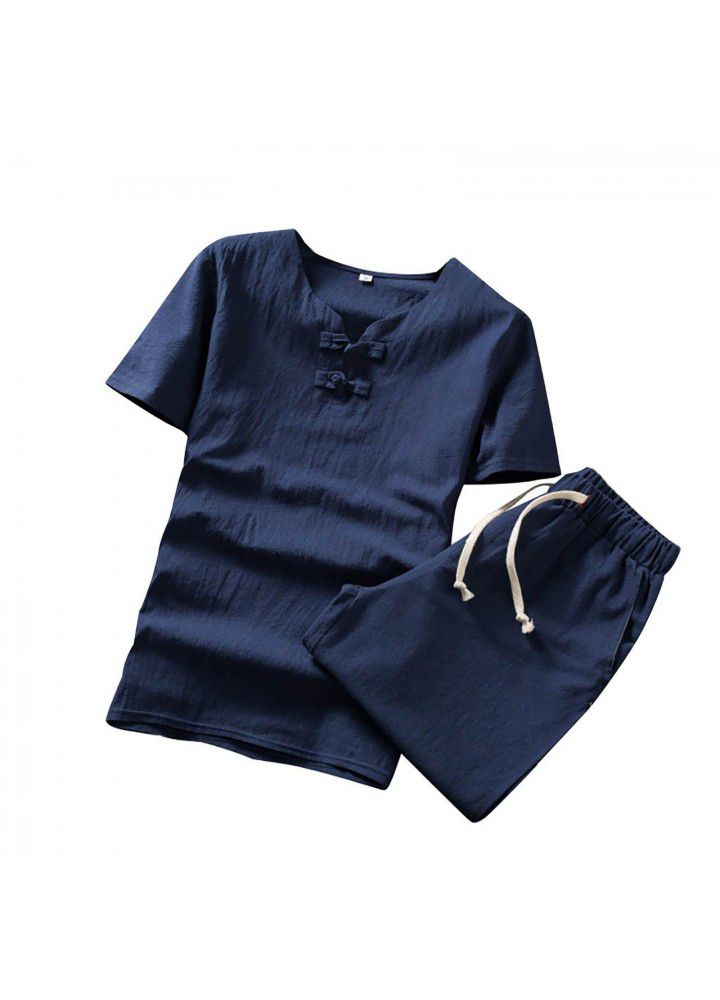 Spot 2021 new men's casual cotton and hemp two piece Shorts Shirt C110 top in Europe and America