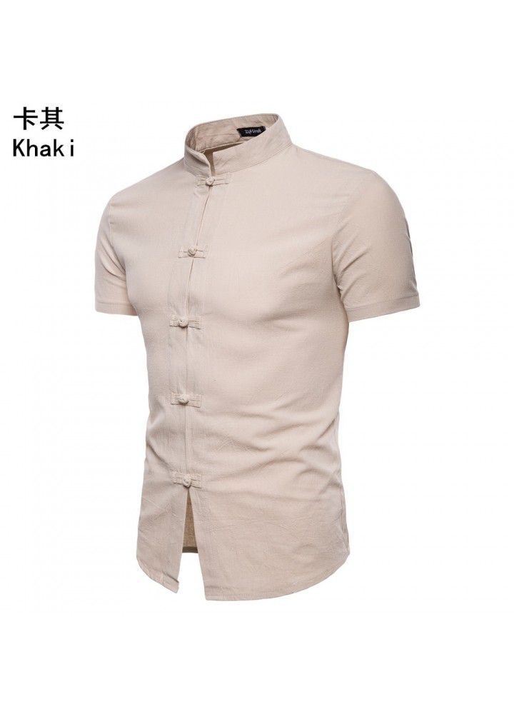 Cross border men's clothing 2018 summer new short sleeve Linen Shirt express casual solid collar cardigan shirt for men