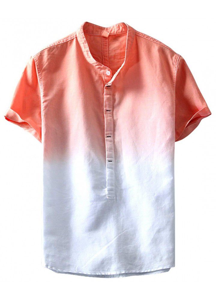 2019 foreign trade hot sales European and American fashion shirt slim digital gradient printing half cardigan cotton linen short sleeve shirt men's shirt