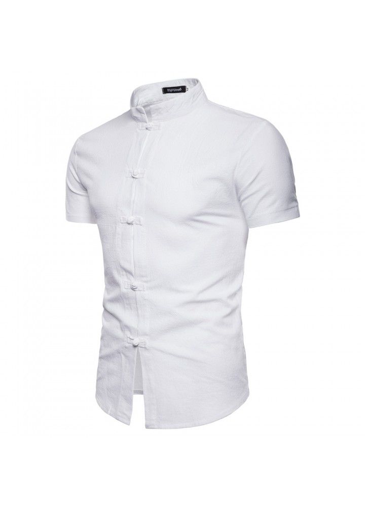 Cross border men's clothing 2018 summer new short sleeve Linen Shirt express casual solid collar cardigan shirt for men