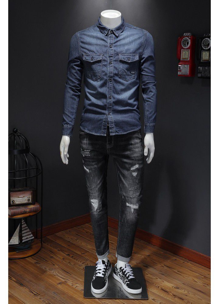 2020 / summer new Japanese retro denim shirt men's large simple long sleeve shirt v602 / p108