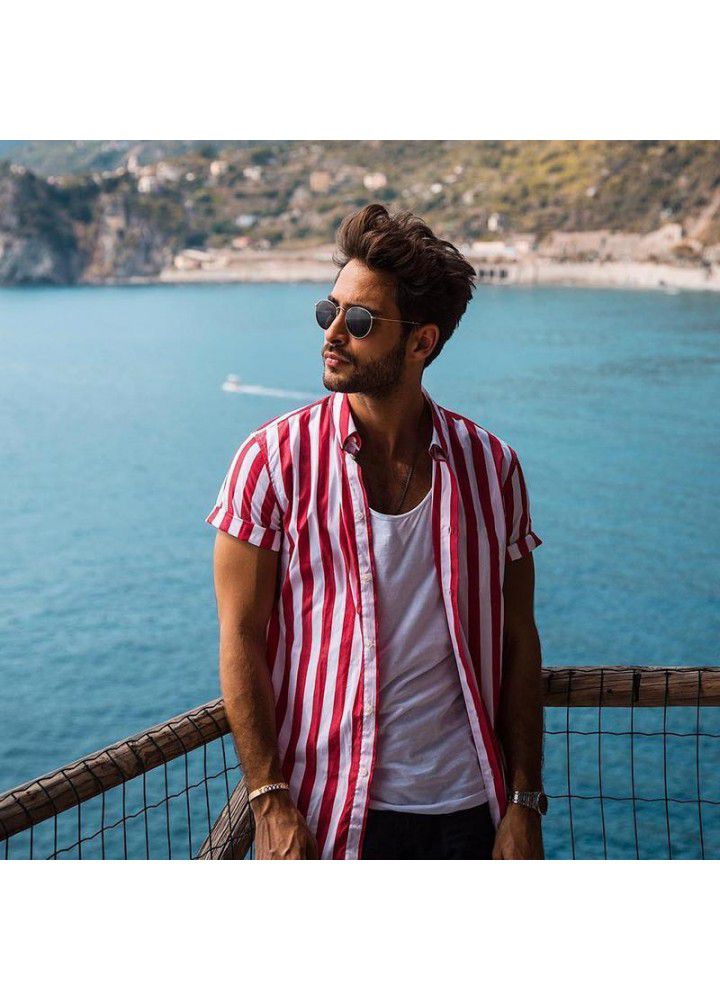 Europe and America 2019 new foreign trade express Amazon eBay stripe casual men's Shirt Short Sleeve Shirt