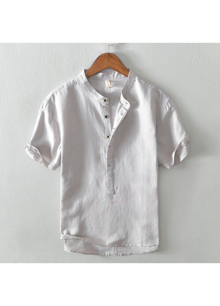 Spot 2021 new men's casual stand collar short sleeve cotton shirt popular in Europe and America