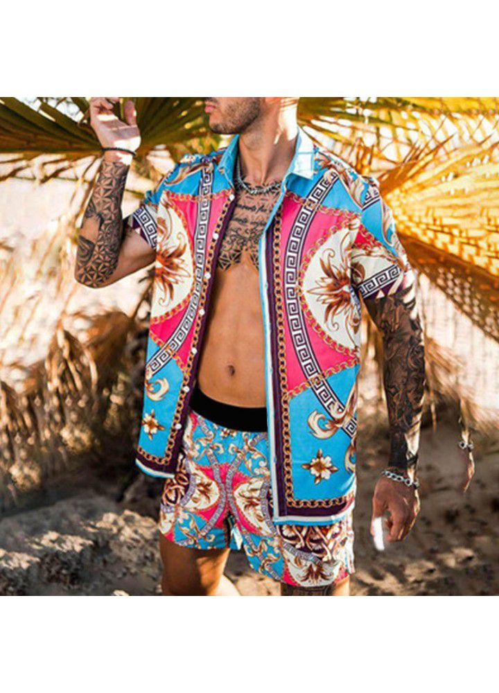 Summer 2021 Amazon cross border beach style loose shirt Hawaiian casual suit men's print two piece set