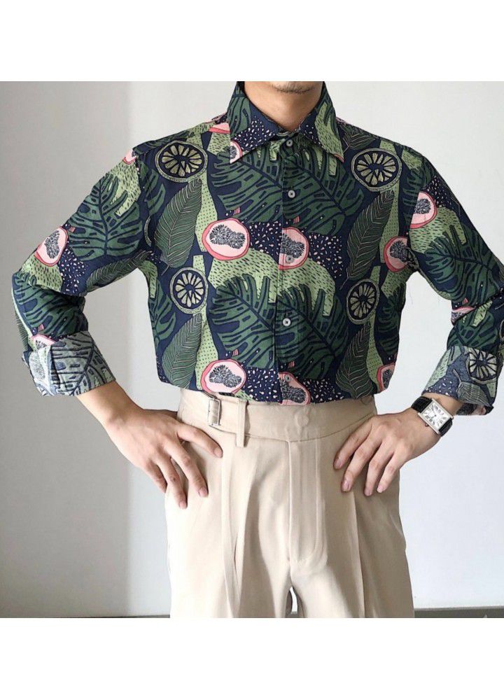 C2231 new wish spring autumn retro printed wide soft comfortable cotton youth Lapel men's casual shirt