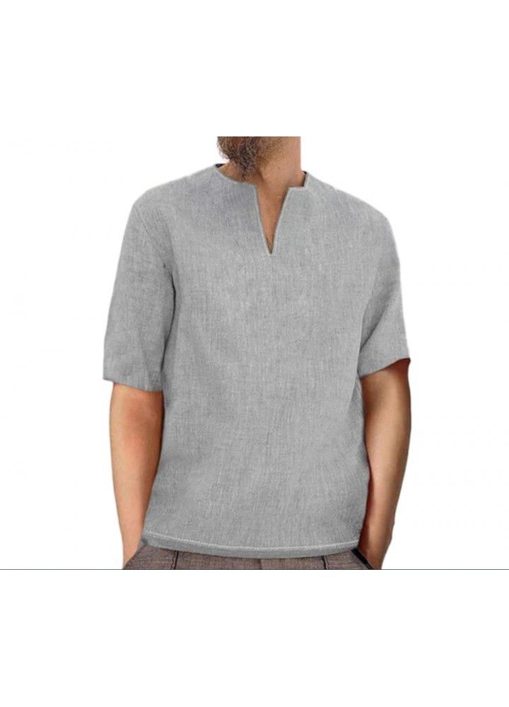 2021 Amazon new foreign trade European and American men's Cotton hemp national style linen solid color V-neck short sleeve top