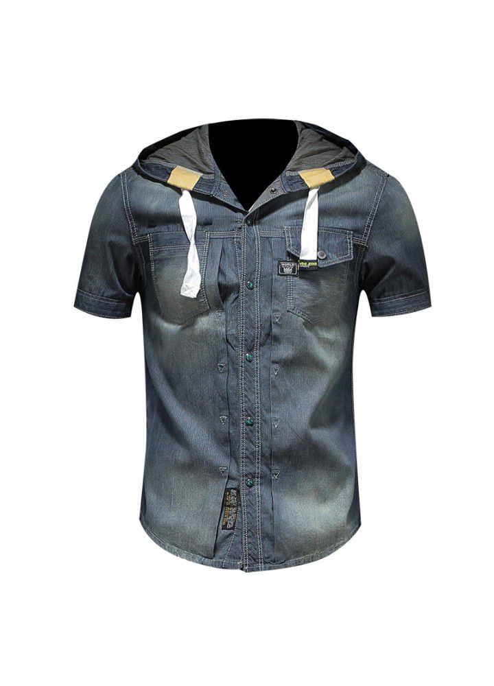Summer new European and American hooded short sleeve shirt men's fashion boutique denim half sleeve shirt dx1028 / p115