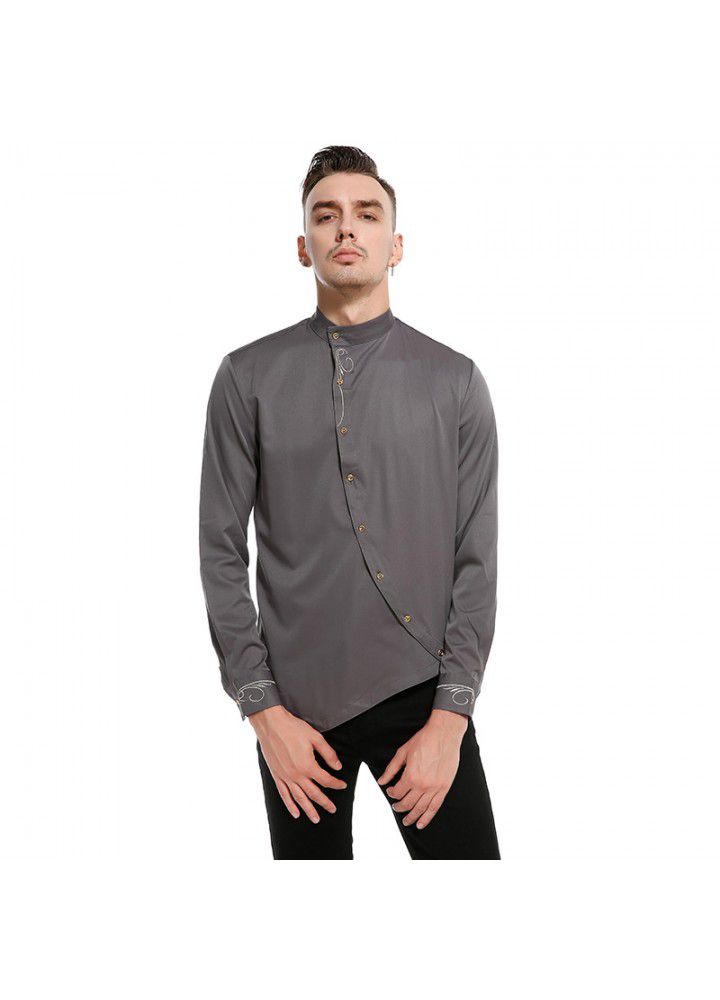 Cross border men's long sleeve shirt men's European and American pure jacquard diagonal button placket men's slim shirt multi color