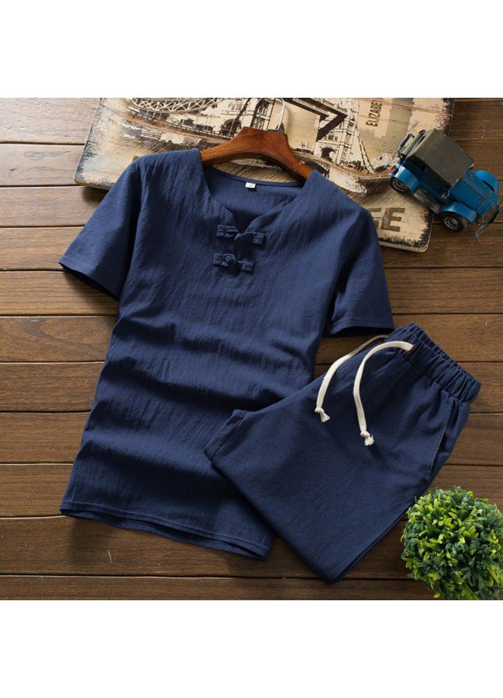 Spot 2021 new men's casual cotton and hemp two piece Shorts Shirt C110 top in Europe and America