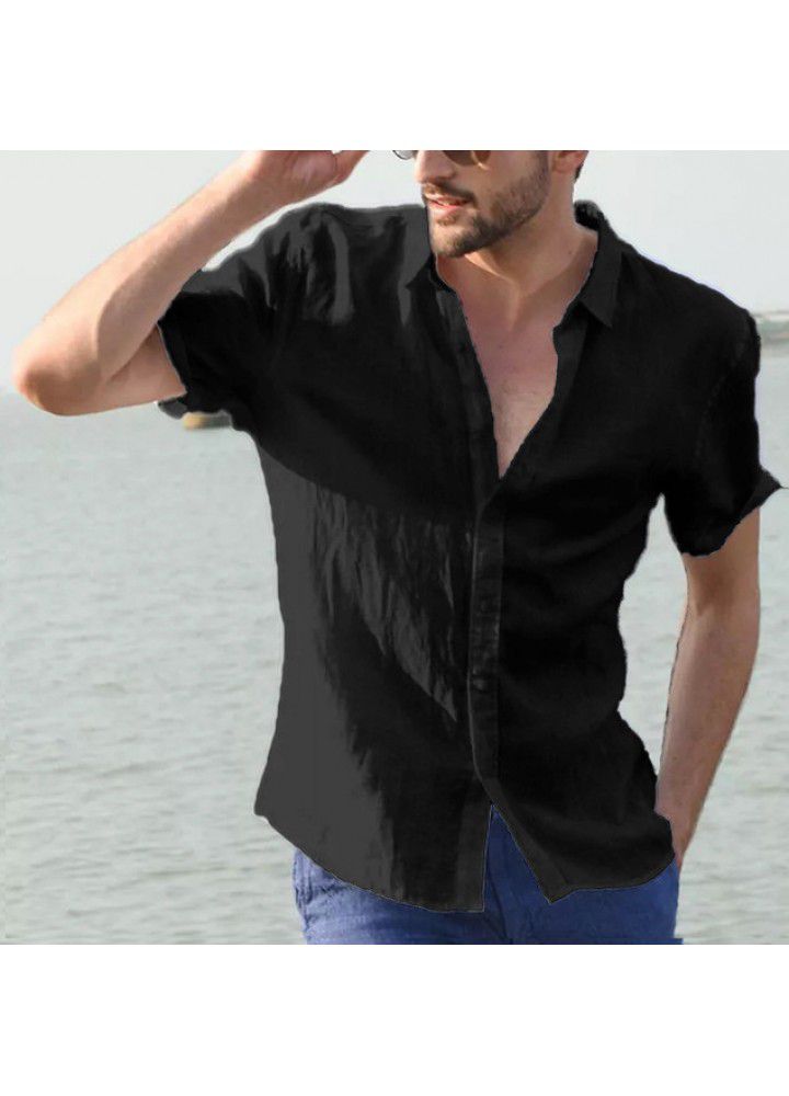 2021 cross border eBay express Europe and America Summer short sleeve casual cardigan foreign trade men's shirt men's solid color shirt