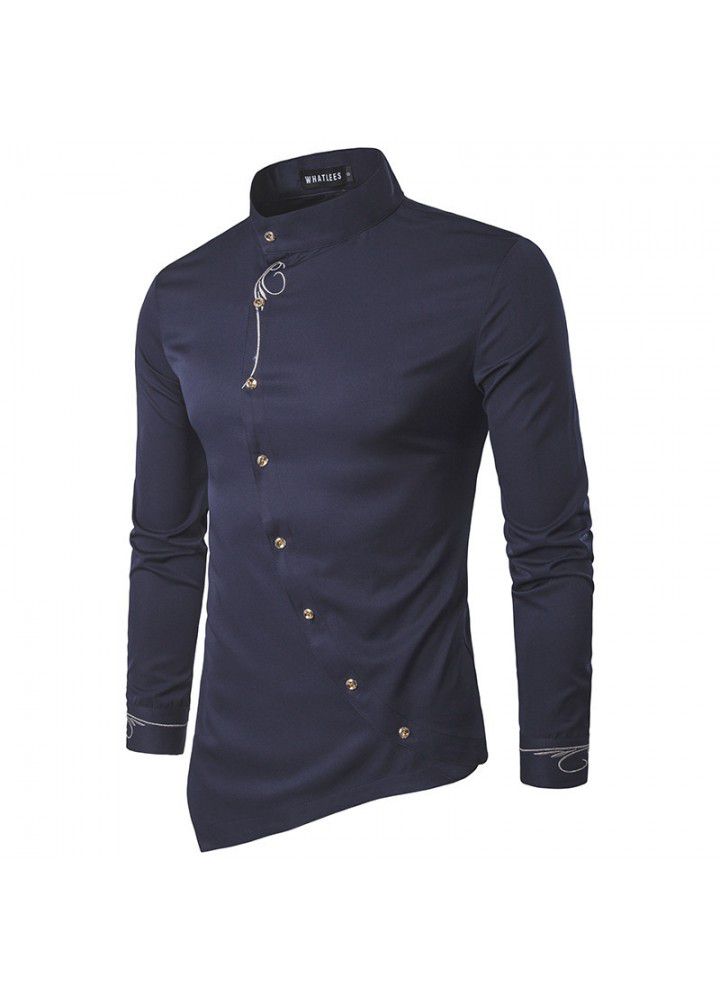 Cross border men's long sleeve shirt men's European and American pure jacquard diagonal button placket men's slim shirt multi color