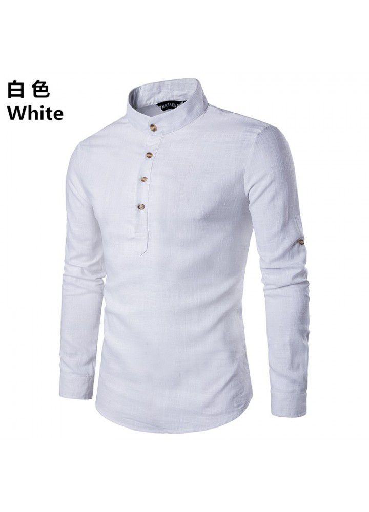 Cross border men's fashion shirt foreign trade long sleeve standing collar linen slim sleeve shirt foreign trade long term goods