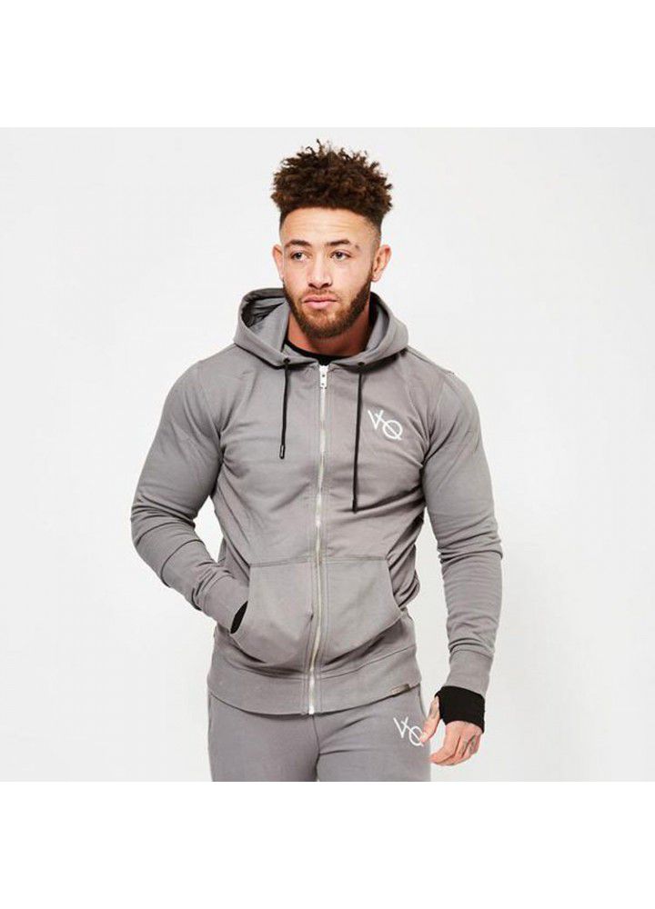 Cross border muscle brothers fitness sports leisure men's zipper Hoodie solid color slim breathable long sleeve coat