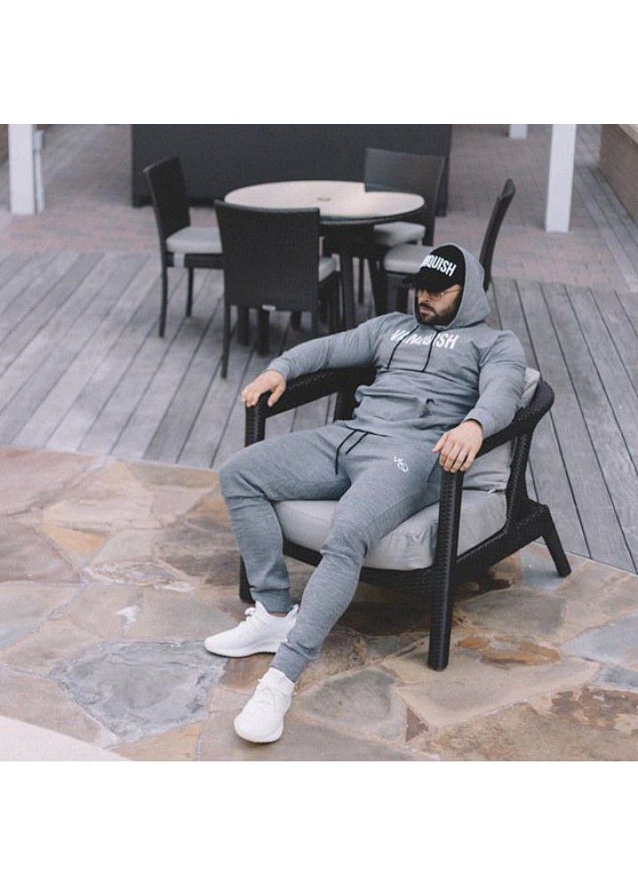 Cross border supply muscle brothers fitness men's sports suit autumn winter hooded Pullover Sweater casual leg pants
