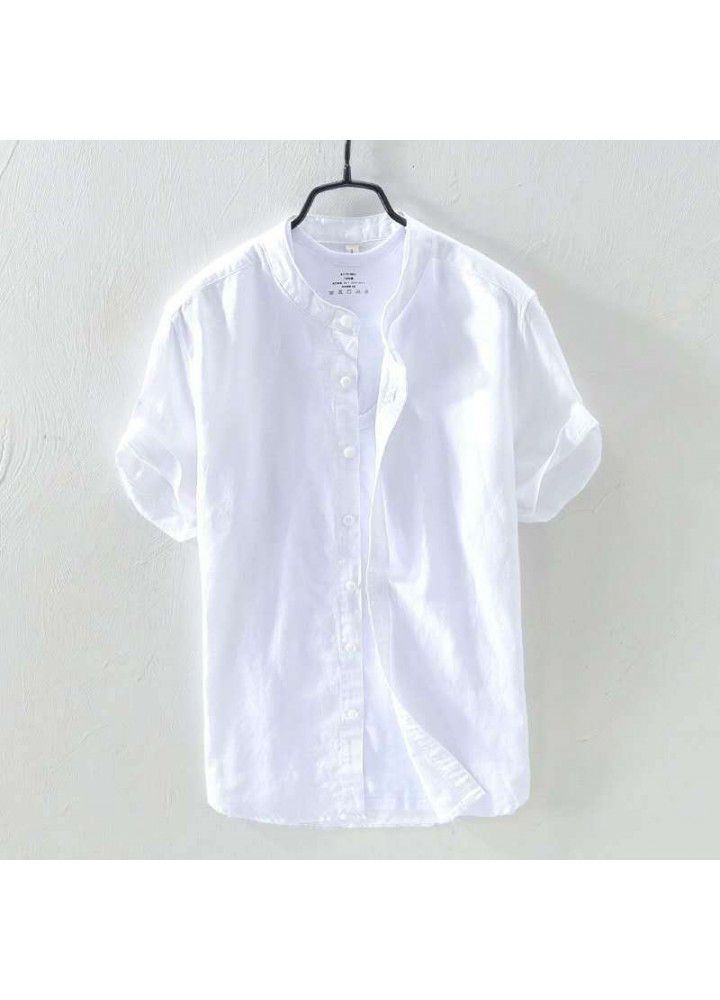 Spot 2021 new men's casual stand collar short sleeve cotton shirt popular in Europe and America