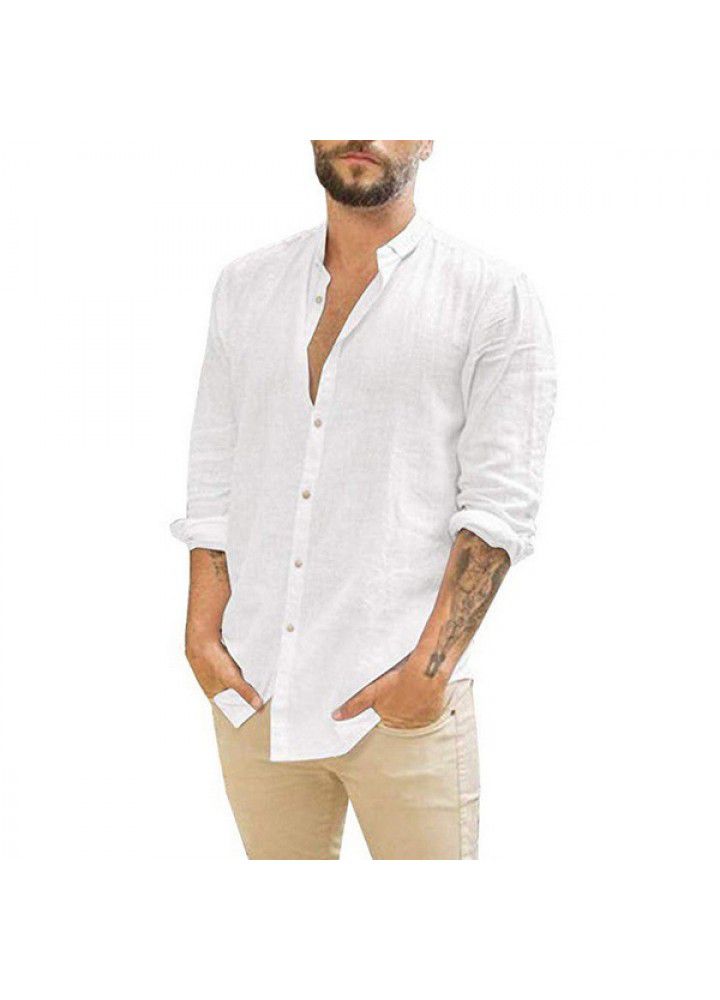 2021 Amazon wish express Europe and America men's new linen cardigan solid casual collar Long Sleeve Shirt