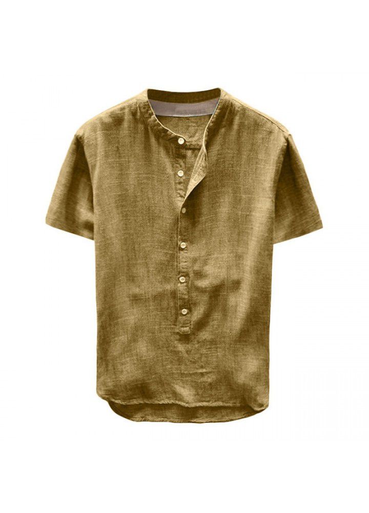 Spot 2019 new men's casual stand collar short sleeve cotton shirt top c107 in Europe and America