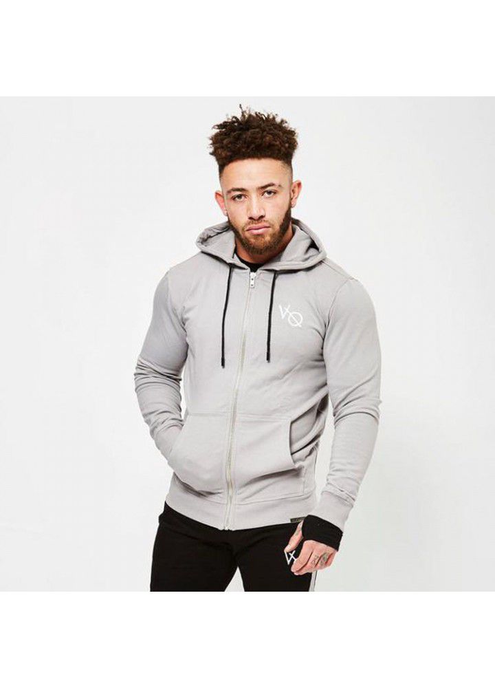 Cross border muscle brothers fitness sports leisure men's zipper Hoodie solid color slim breathable long sleeve coat