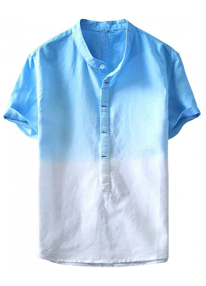 2019 foreign trade hot sales European and American fashion shirt slim digital gradient printing half cardigan cotton linen short sleeve shirt men's shirt