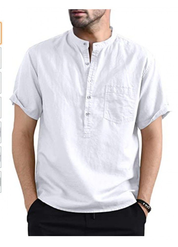 Spot 2021 new men's casual stand collar short sleeve cotton shirt popular in Europe and America