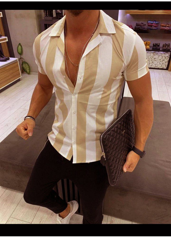 Hot men's shirt in summer 2019 men's short sleeve mercerized cotton stripe color matching Slim Fit Shirt Men's Short Sleeve Shirt