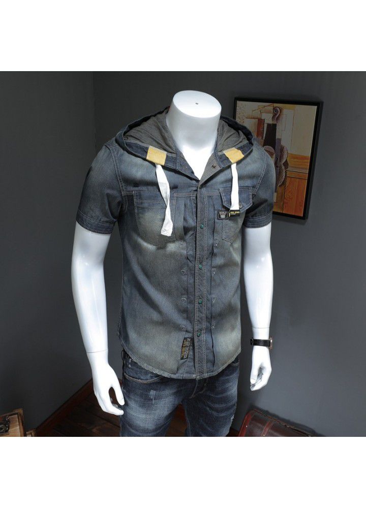Summer new European and American hooded short sleeve shirt men's fashion boutique denim half sleeve shirt dx1028 / p115