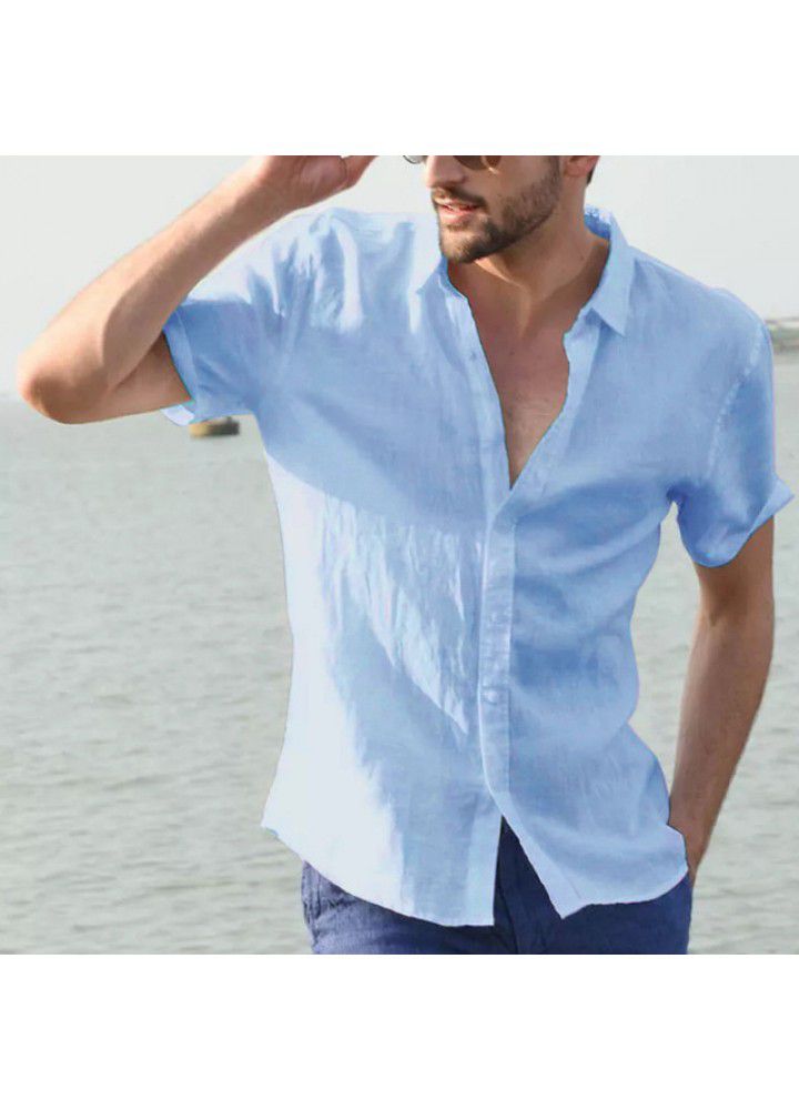 2021 cross border eBay express Europe and America Summer short sleeve casual cardigan foreign trade men's shirt men's solid color shirt