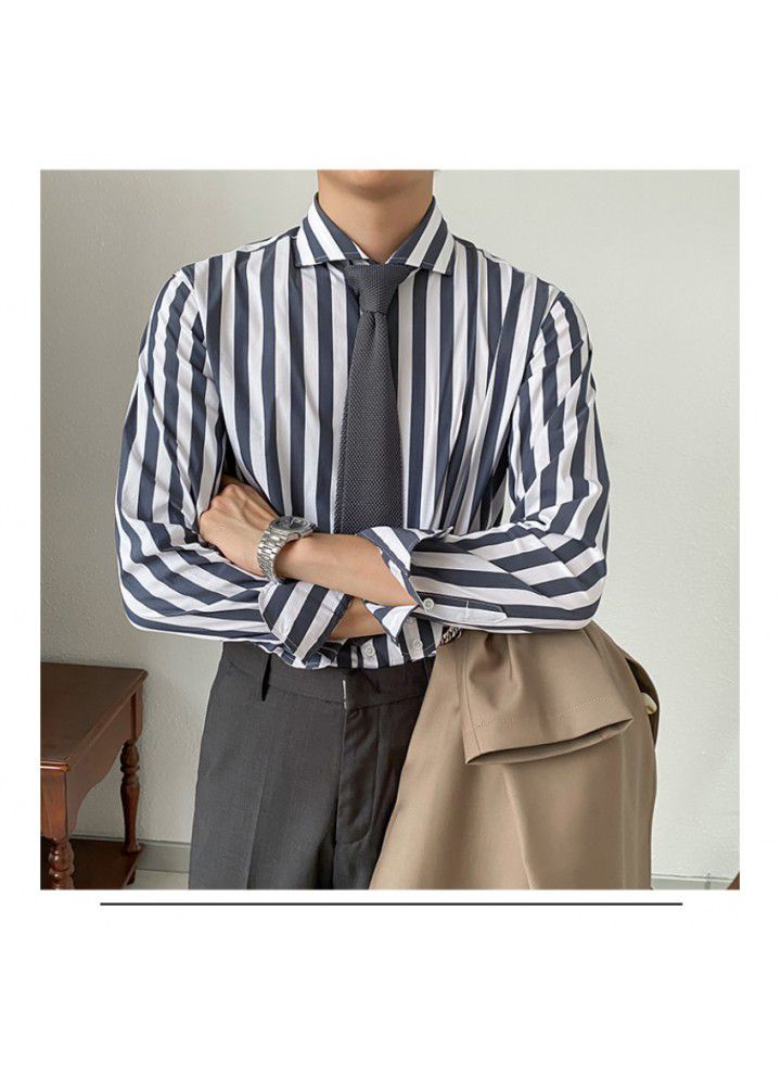 C2232 European and American stripe Windsor collar shirt men's spring and autumn Lapel youth retro slim business long sleeve wholesale