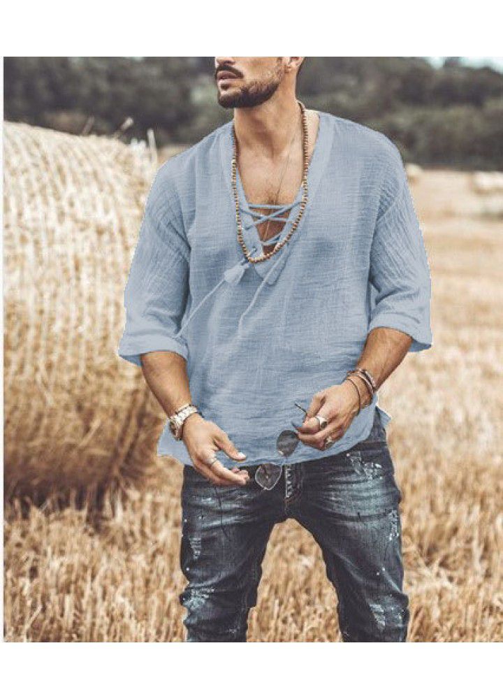 Spot 2021 new men's casual cotton and hemp shirt V-neck mid sleeve top