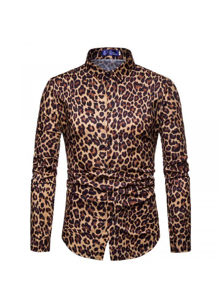 Foreign trade men's shirt 2018 new express nightclub leopard print casual digital print slim long sleeve shirt men's shirt