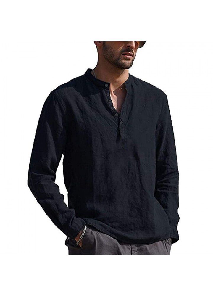 Spot 2021 new men's casual standing collar cotton and linen shirt cross border sales in Europe and America