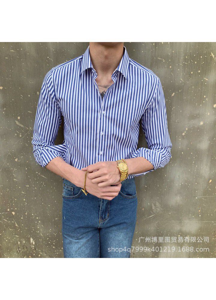 C2216 European and American new men's autumn thin Lapel light business retro slim striped shirt long sleeve independent station