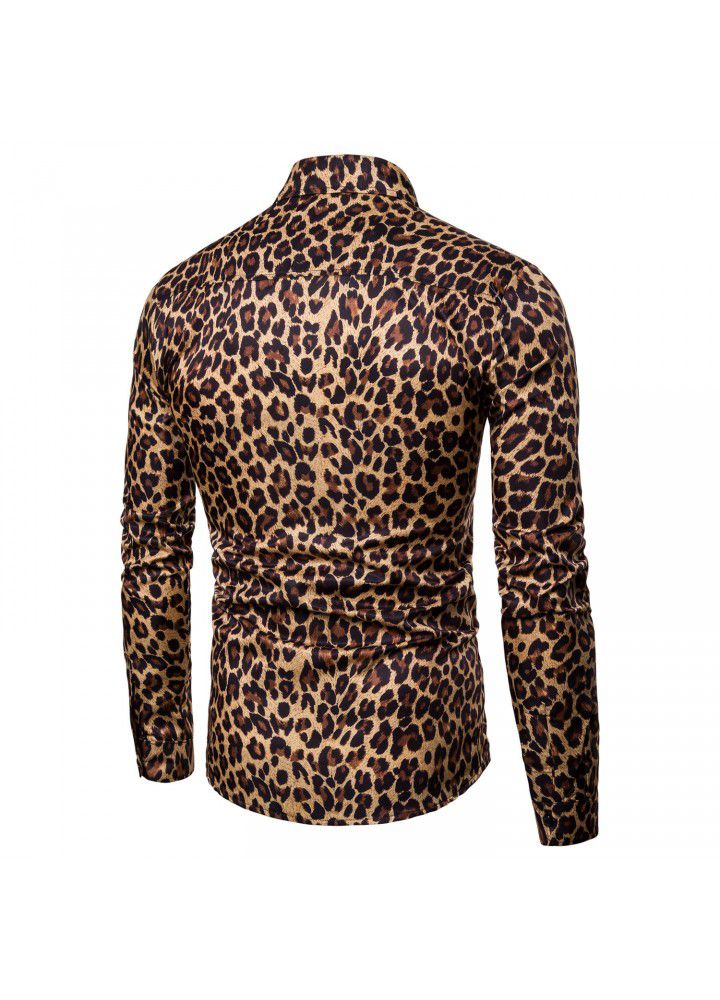 Foreign trade men's shirt 2018 new express nightclub leopard print casual digital print slim long sleeve shirt men's shirt