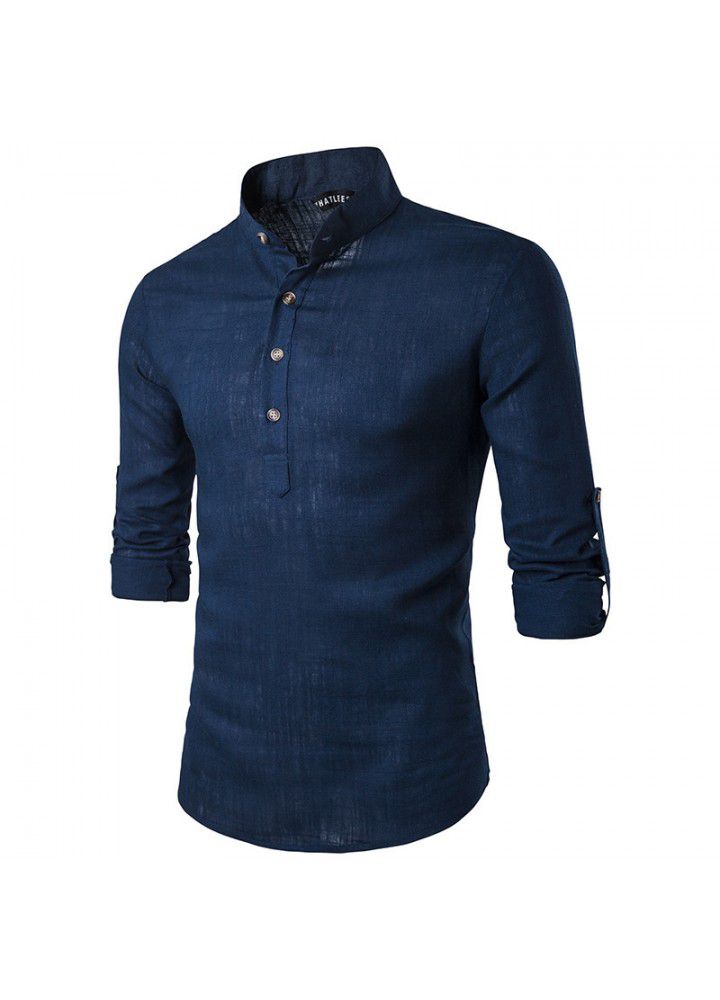 Cross border men's fashion shirt foreign trade long sleeve standing collar linen slim sleeve shirt foreign trade long term goods
