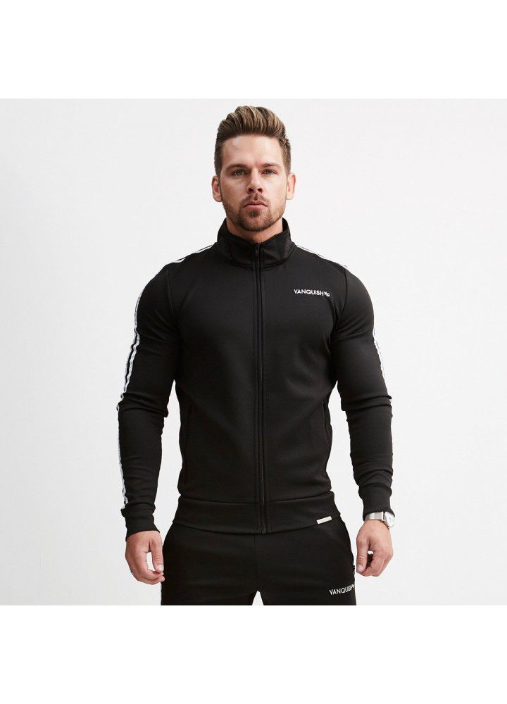 Muscle brothers sports fitness suit men's stand collar zipper cardigan coat European and American VQ sleeve zipper sweater