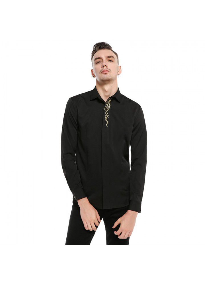 New foreign trade shirts sell quickly autumn European men's neckline embroidery bottoming slim long sleeve shirt