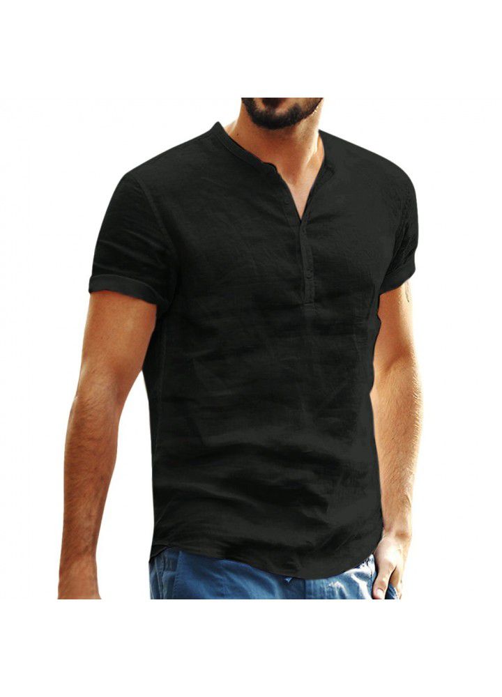2020 new cross border men's stand collar cotton linen short sleeve shirt Amazon wish popular shirt