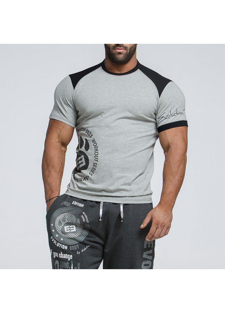 Fitness 2021 summer men's cotton T-shirt printed round short sleeve sports T-shirt fashion