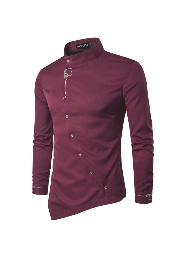 Cross border men's long sleeve shirt men's European and American pure jacquard diagonal button placket men's slim shirt multi color