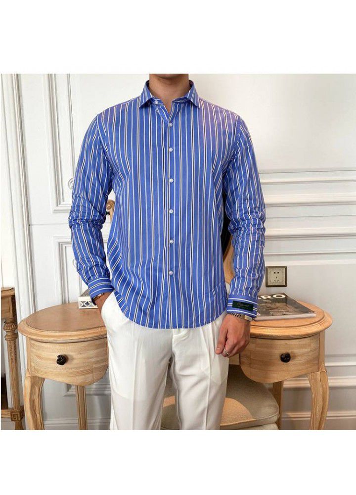 C2221 new men's Lapel long sleeve light business youth retro slim Stripe Shirt Small wholesale customization