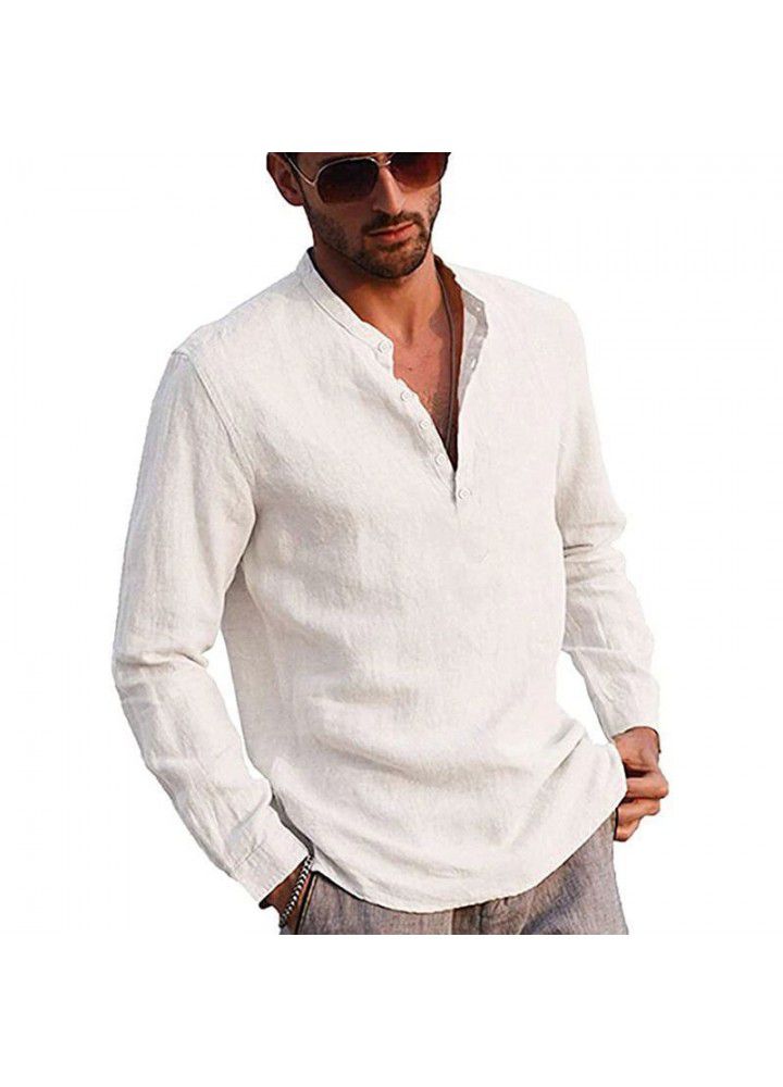 Spot 2021 new men's casual standing collar cotton and linen shirt cross border sales in Europe and America