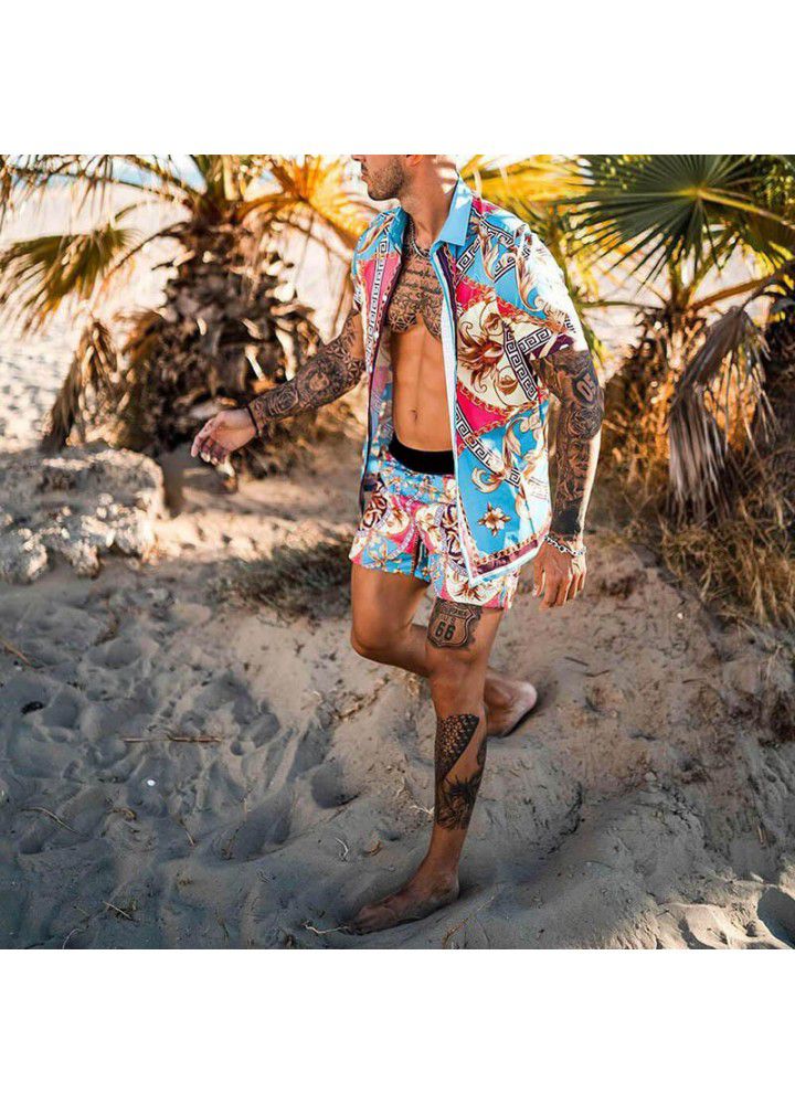 Summer 2021 Amazon cross border beach style loose shirt Hawaiian casual suit men's print two piece set