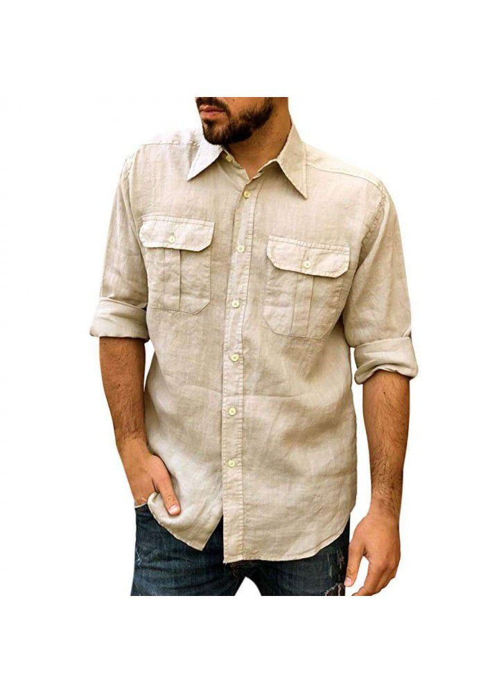 2020 Amazon eBay cross border trade men's hemp cotton casual Long Sleeve Shirt Men's