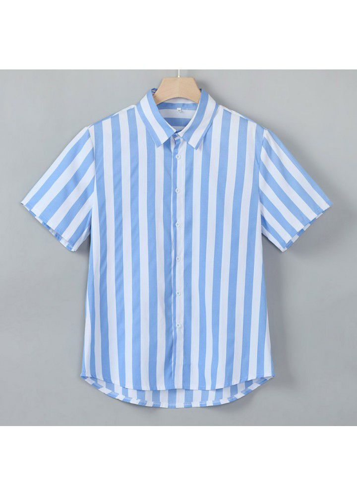 Europe and America 2019 new foreign trade express Amazon eBay stripe casual men's Shirt Short Sleeve Shirt