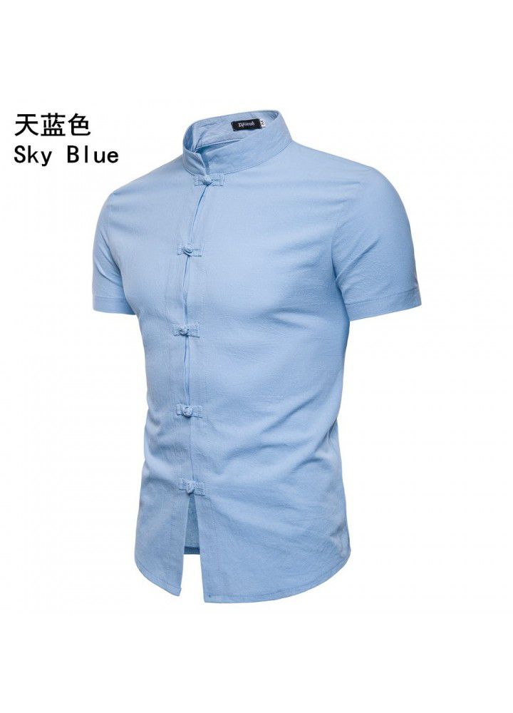 Cross border men's clothing 2018 summer new short sleeve Linen Shirt express casual solid collar cardigan shirt for men